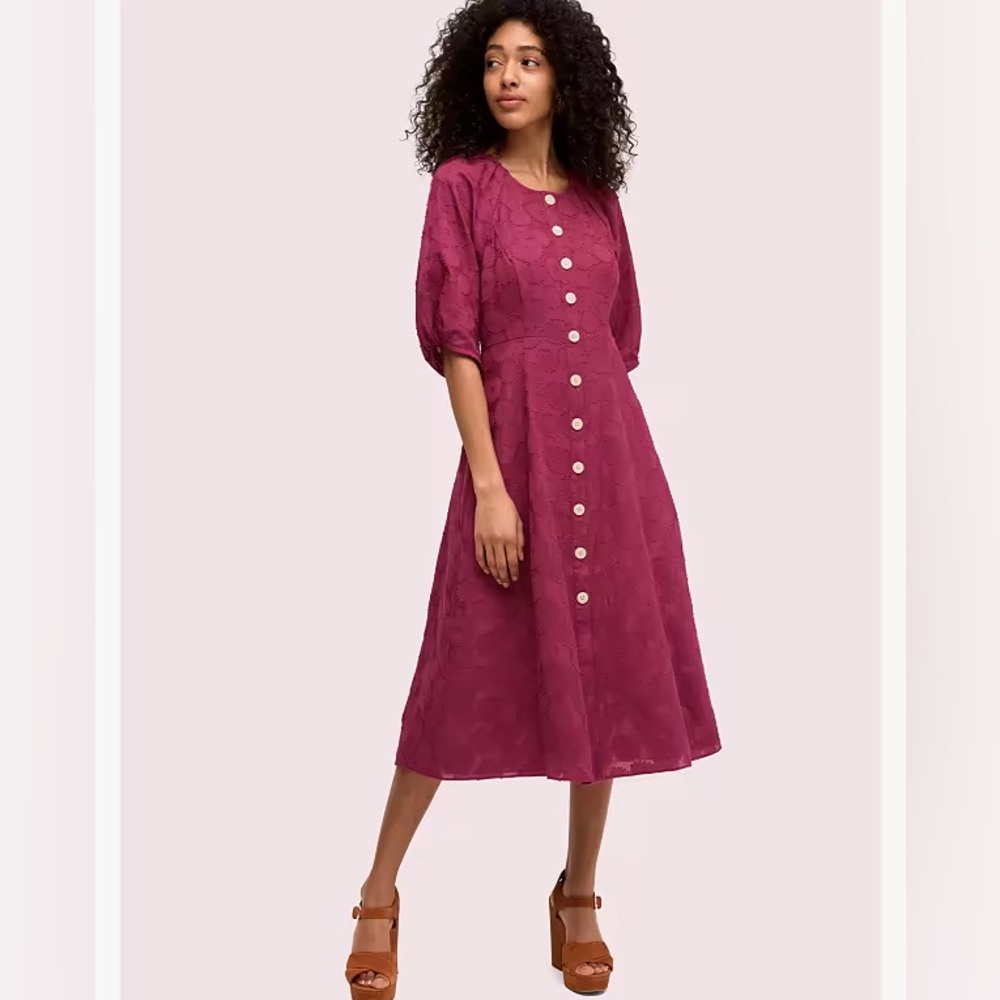 Kate spade floral jacquard button front puff sleeve pink midi dress size 2